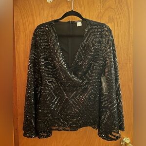 Black sequin blouse (holiday top, christmas party top)